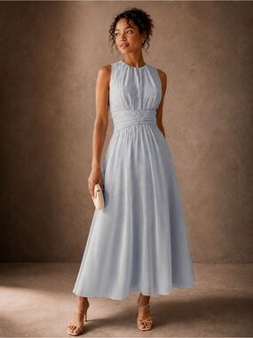 Sleeveless Sky Blue Midi Chiffon Dress with Ruched Waist